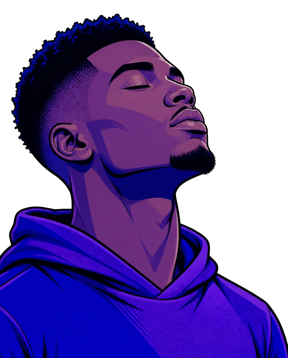 Cartoon illustration of a young Black man lifting his head and taking a deep breath