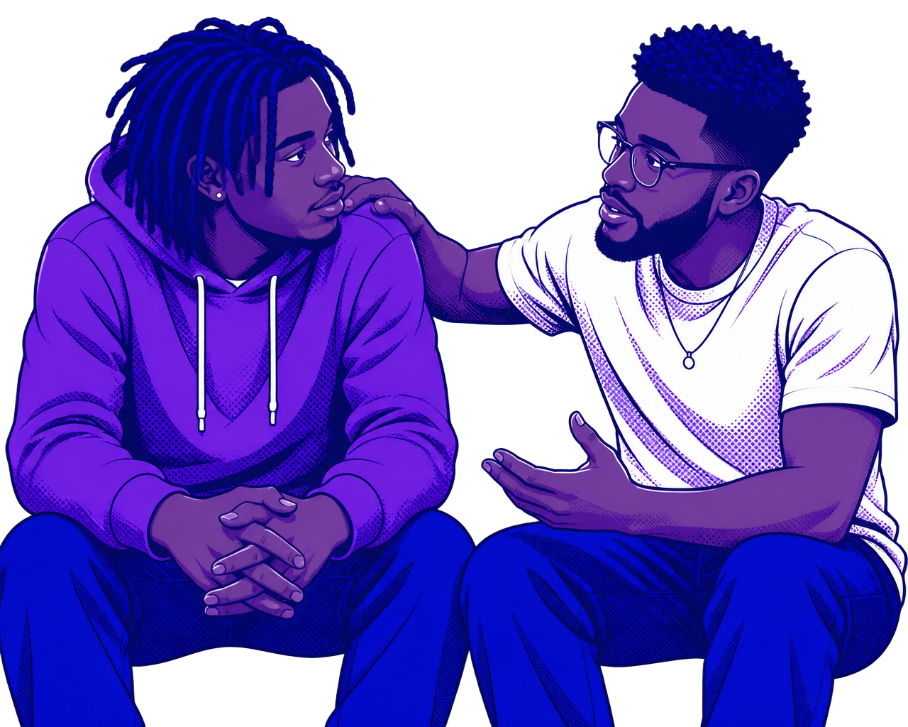 Cartoon illustration of two young Black men in honest conversation
