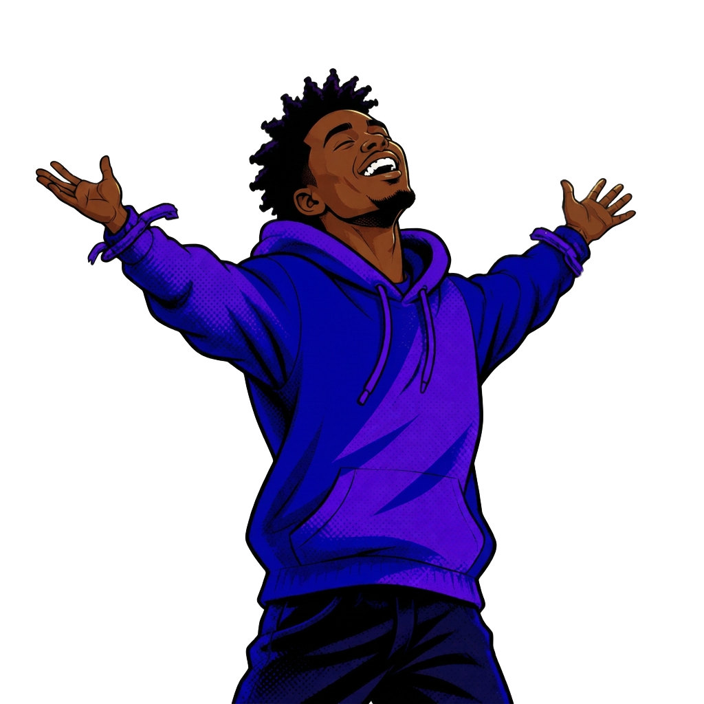 Cartoon illustration of a young Black man with arms wide open, exhaling with relief